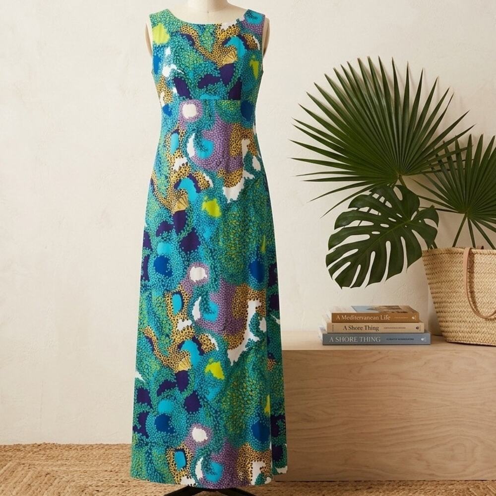 Vintage Ui-Maikai Hawaiian Empire Maxi Dress M Retro Eclectic Resort Tiki Boho